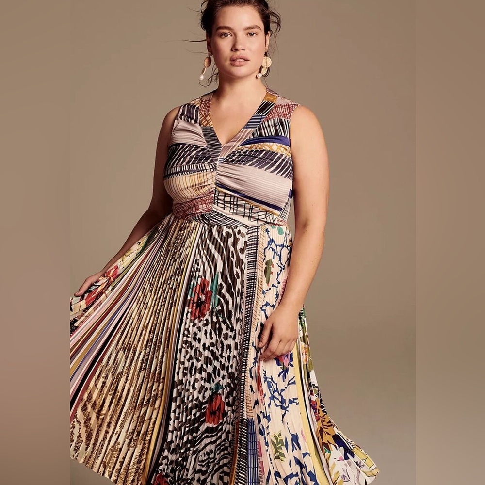 Anthropologie Geisha Designs Jacinta Pleated Multicolor Dress Sz 18W Sleeveless